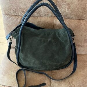 Italian Green/Olive Suede Shoulder Bag with Black Trim - Women